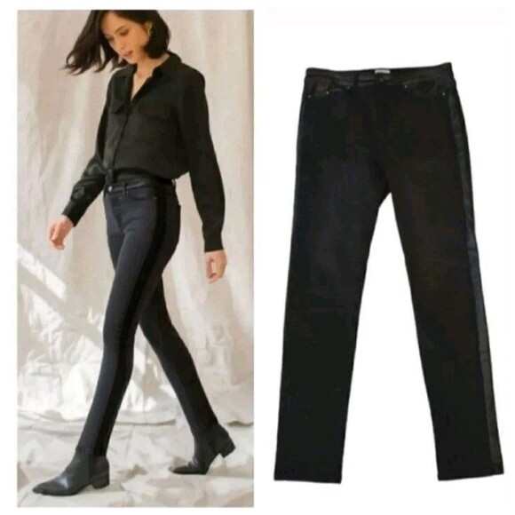NEW Ecru Los Feliz Faux Leather Strip Denim Skinny Jeans in Washed Black Size 27 - Picture 2 of 13